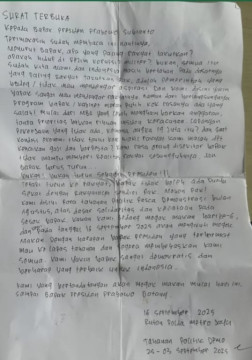 Surat terbuka untuk Presiden Prabowo yang dituliskan para aktivis yang ditahan di Polda Metro Jaya. [Instagram] 